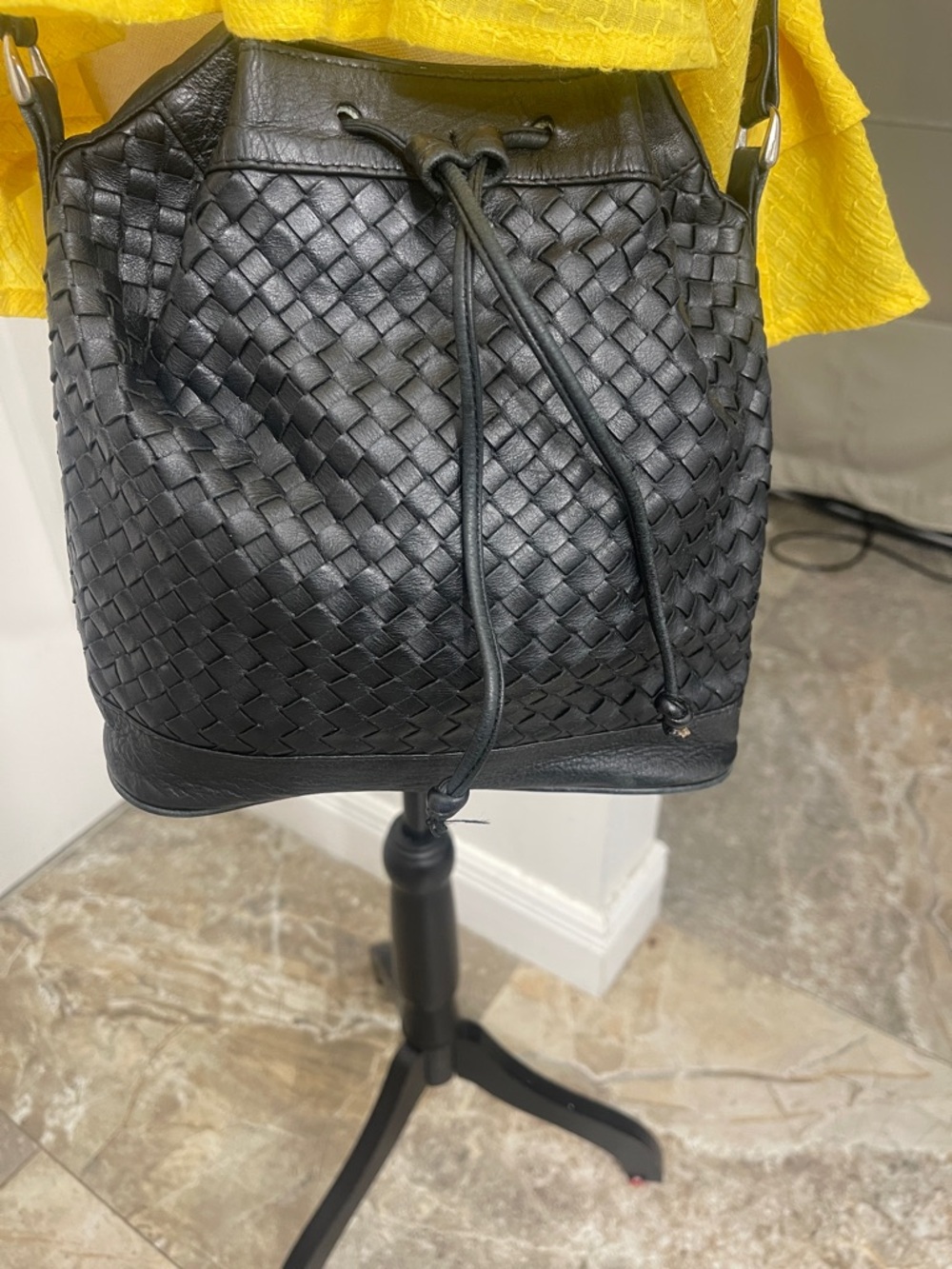 Talbots Black Woven Leather Bucket Backpack
